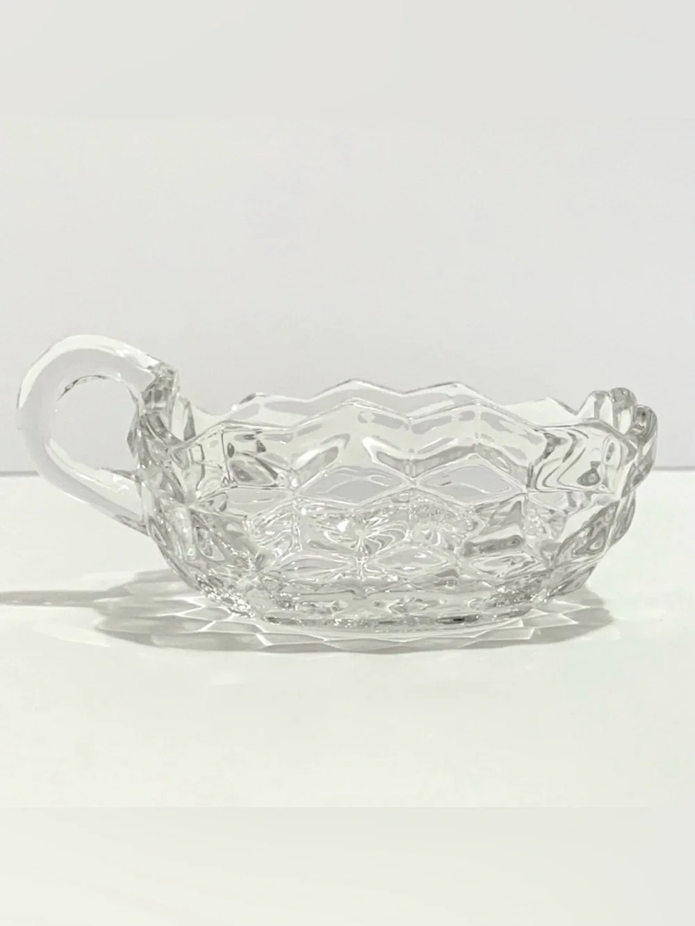 Faceted Clear Pressed Glass Square Nappy Handled 8 Oz. Candy Dish